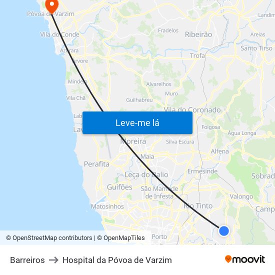Barreiros to Hospital da Póvoa de Varzim map
