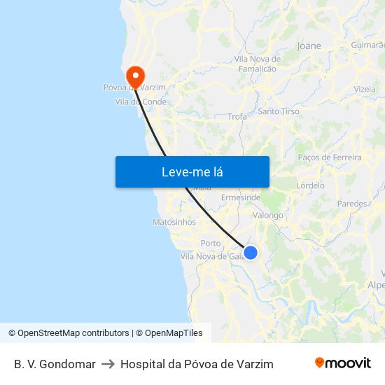 B. V. Gondomar to Hospital da Póvoa de Varzim map