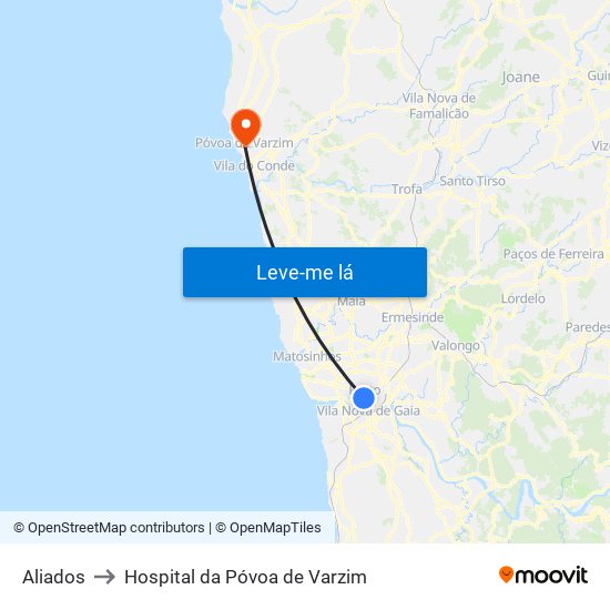 Aliados to Hospital da Póvoa de Varzim map