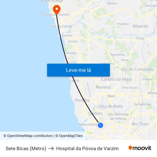 Sete Bicas (Metro) to Hospital da Póvoa de Varzim map