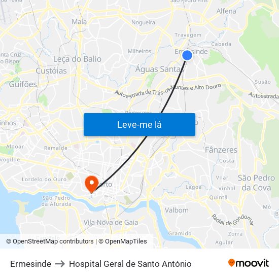 Ermesinde to Hospital Geral de Santo António map