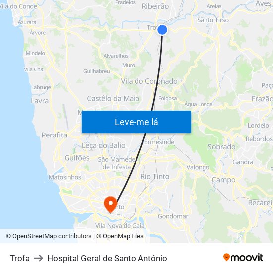 Trofa to Hospital Geral de Santo António map