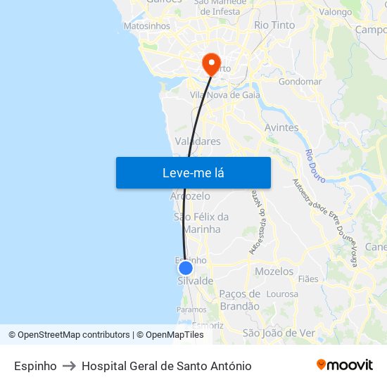 Espinho to Hospital Geral de Santo António map