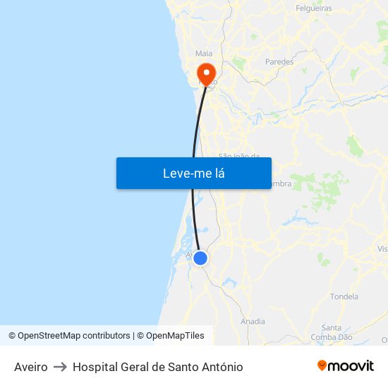 Aveiro to Hospital Geral de Santo António map