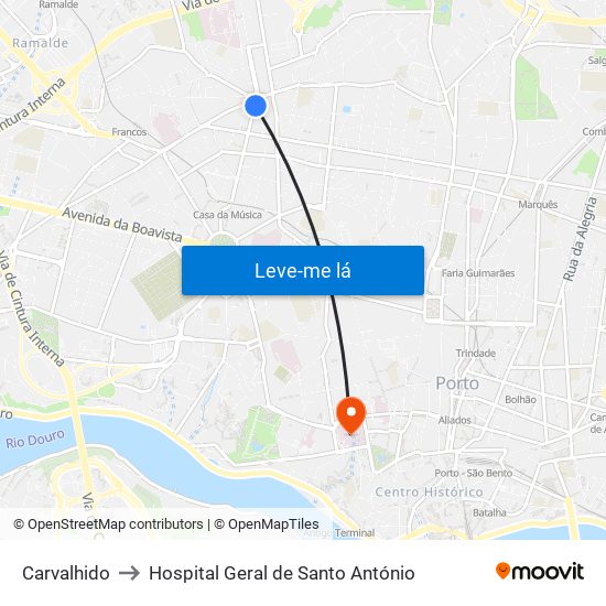 Carvalhido to Hospital Geral de Santo António map