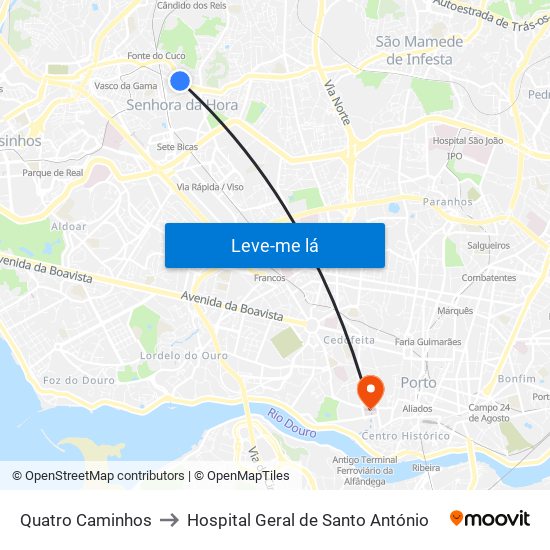 Quatro Caminhos to Hospital Geral de Santo António map