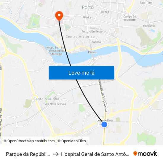 Parque da República to Hospital Geral de Santo António map