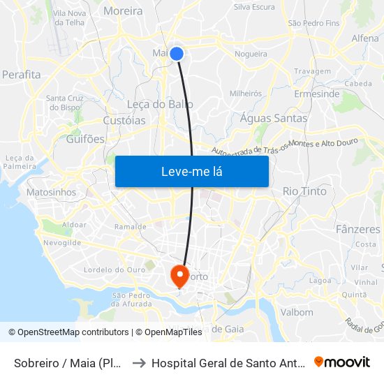 Sobreiro / Maia (Plaza) to Hospital Geral de Santo António map