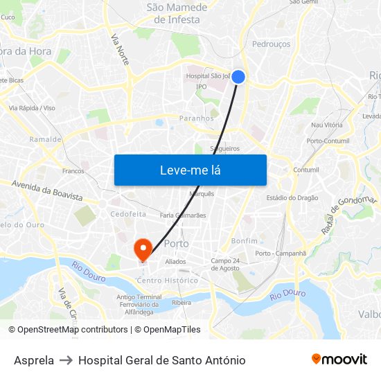 Asprela to Hospital Geral de Santo António map