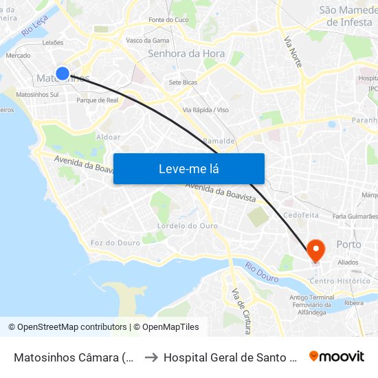 Matosinhos Câmara (Matc1) to Hospital Geral de Santo António map