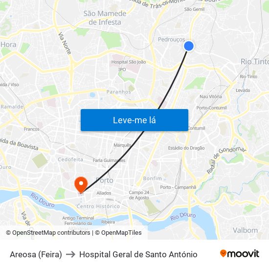 Areosa (Feira) to Hospital Geral de Santo António map