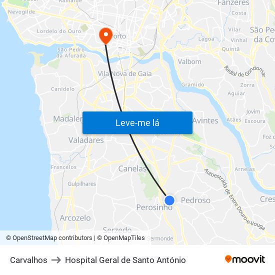 Carvalhos to Hospital Geral de Santo António map