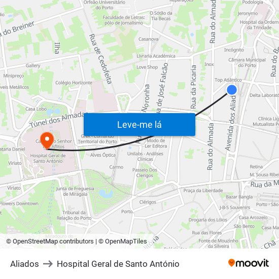 Aliados to Hospital Geral de Santo António map