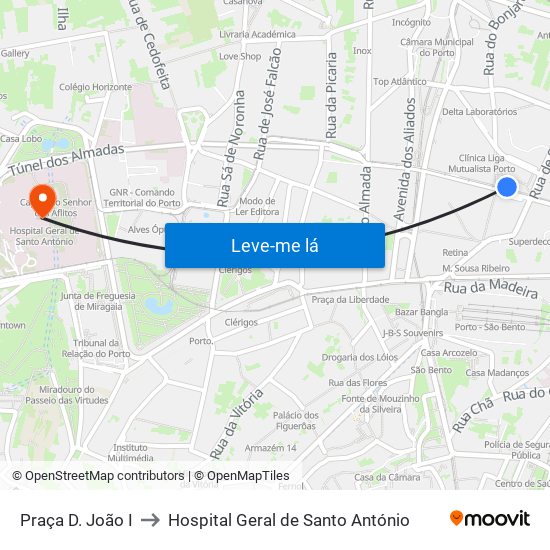 Praça D. João I to Hospital Geral de Santo António map