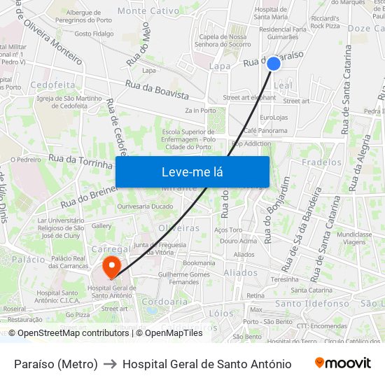 Paraíso (Metro) to Hospital Geral de Santo António map