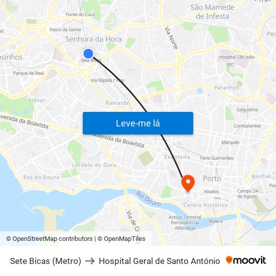 Sete Bicas (Metro) to Hospital Geral de Santo António map