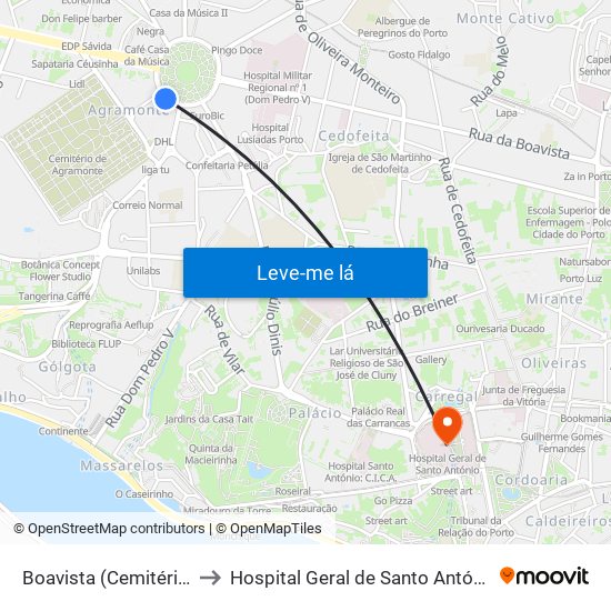 Boavista (Cemitério) to Hospital Geral de Santo António map