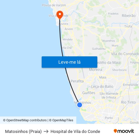 Matosinhos (Praia) to Hospital de Vila do Conde map
