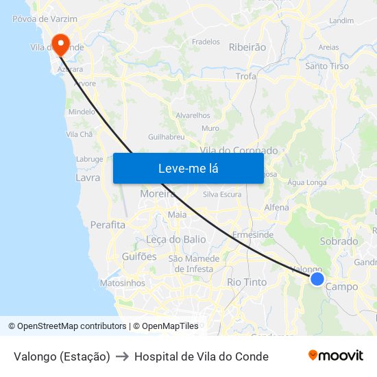 Valongo (Estação) to Hospital de Vila do Conde map