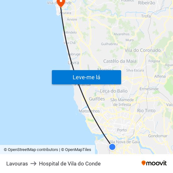 Lavouras to Hospital de Vila do Conde map