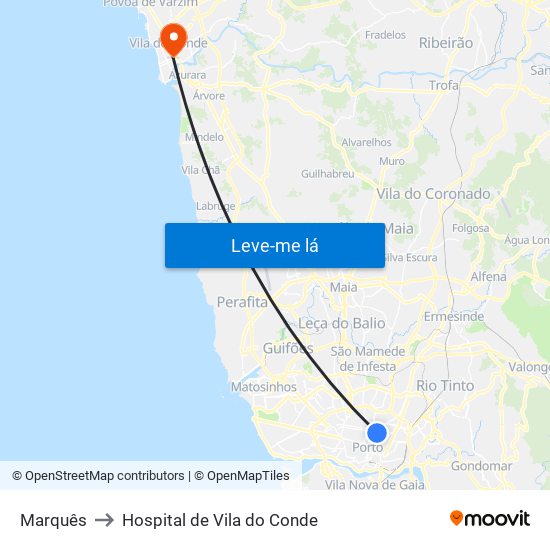 Marquês to Hospital de Vila do Conde map