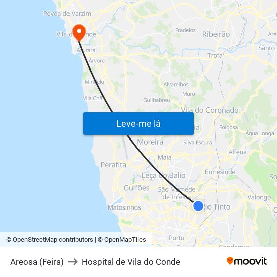 Areosa (Feira) to Hospital de Vila do Conde map
