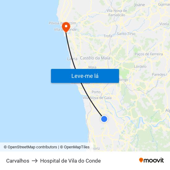 Carvalhos to Hospital de Vila do Conde map