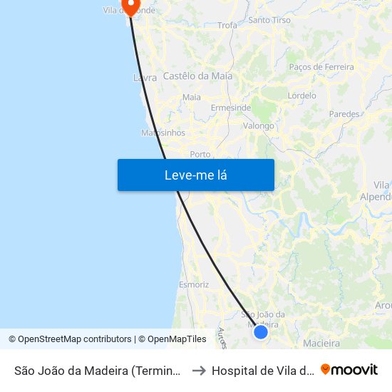 São João da Madeira (Terminal Rodoviário) to Hospital de Vila do Conde map