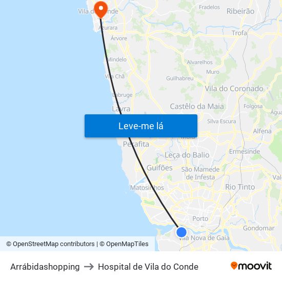 Arrábidashopping to Hospital de Vila do Conde map