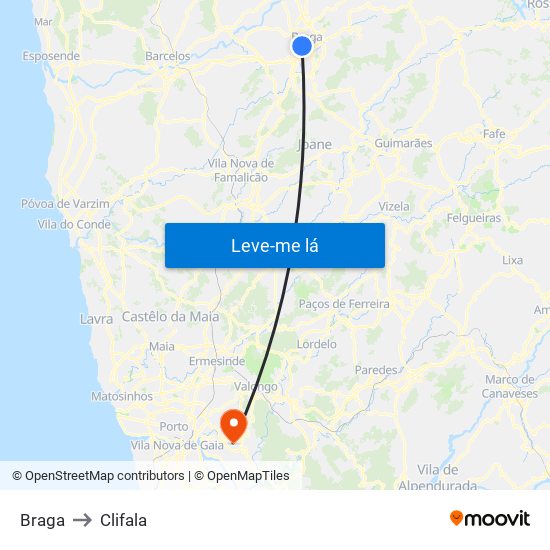 Braga to Clifala map