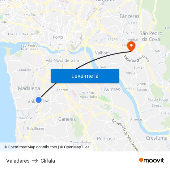 Valadares to Clifala map