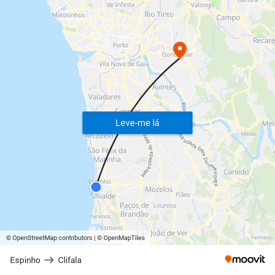 Espinho to Clifala map
