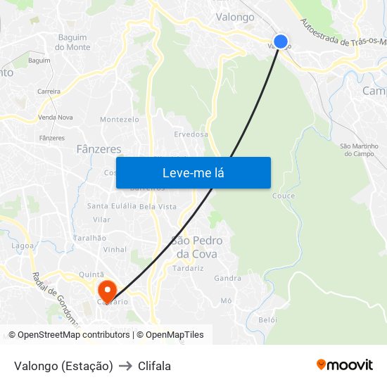 Valongo (Estação) to Clifala map