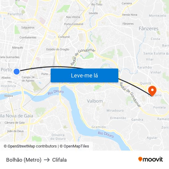 Bolhão (Metro) to Clifala map