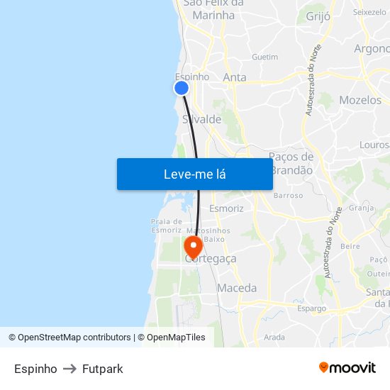 Espinho to Futpark map