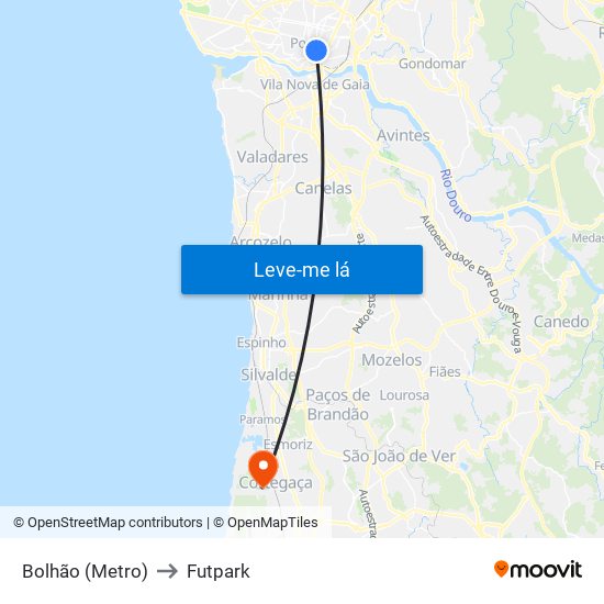 Bolhão (Metro) to Futpark map