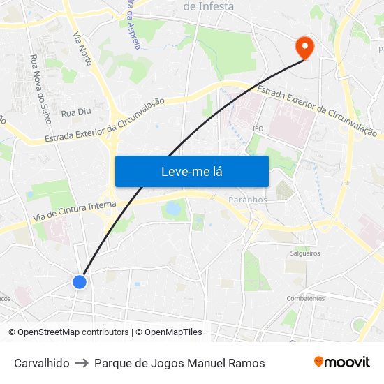 Carvalhido to Parque de Jogos Manuel Ramos map