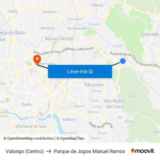 Valongo (Centro) to Parque de Jogos Manuel Ramos map