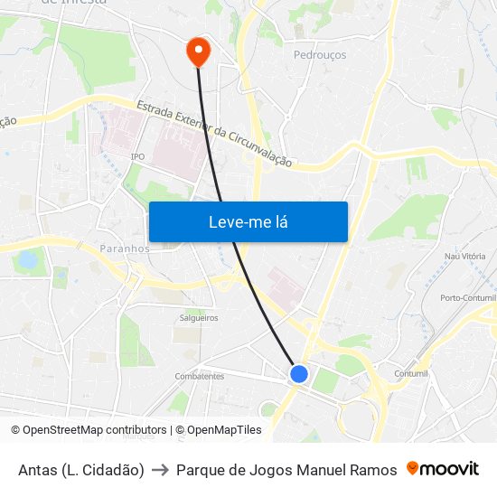 Antas (L. Cidadão) to Parque de Jogos Manuel Ramos map