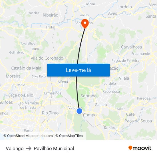 Valongo to Pavilhão Municipal map