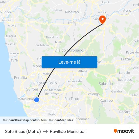 Sete Bicas (Metro) to Pavilhão Municipal map