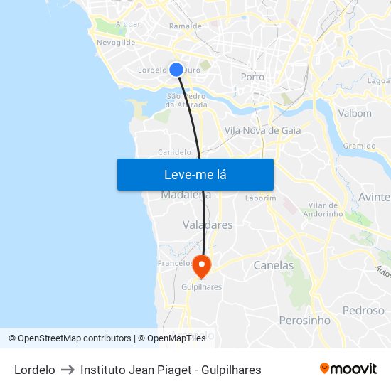 Lordelo to Instituto Jean Piaget - Gulpilhares map