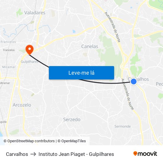 Carvalhos to Instituto Jean Piaget - Gulpilhares map