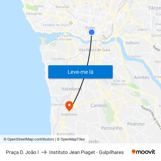 Praça D. João I to Instituto Jean Piaget - Gulpilhares map