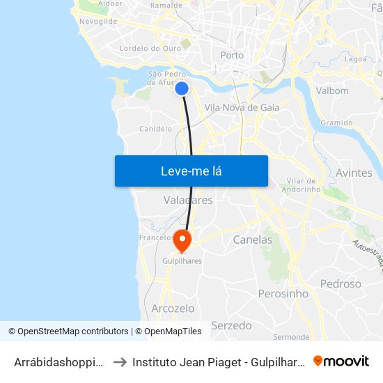 Arrábidashopping to Instituto Jean Piaget - Gulpilhares map