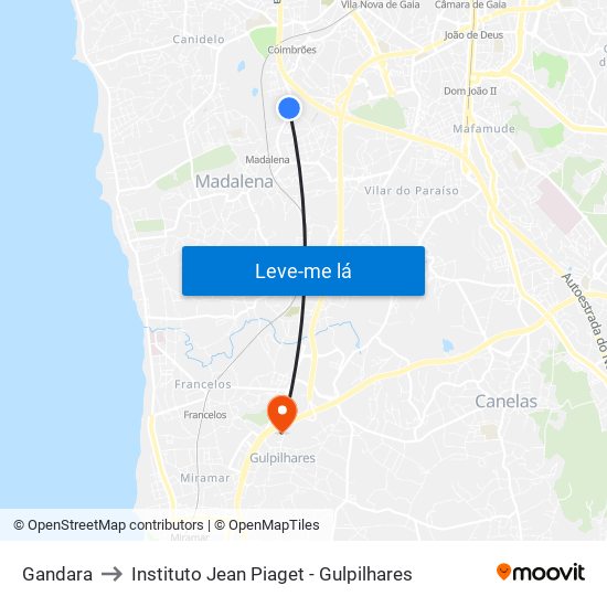 Gandara to Instituto Jean Piaget - Gulpilhares map