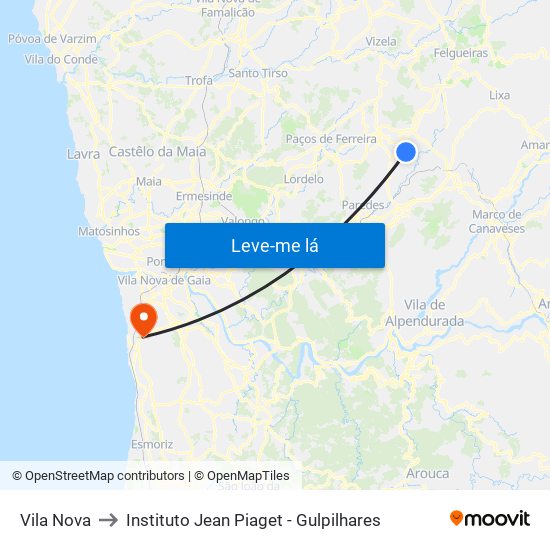 Vila Nova to Instituto Jean Piaget - Gulpilhares map