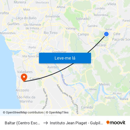 Baltar (Centro Escolar) to Instituto Jean Piaget - Gulpilhares map