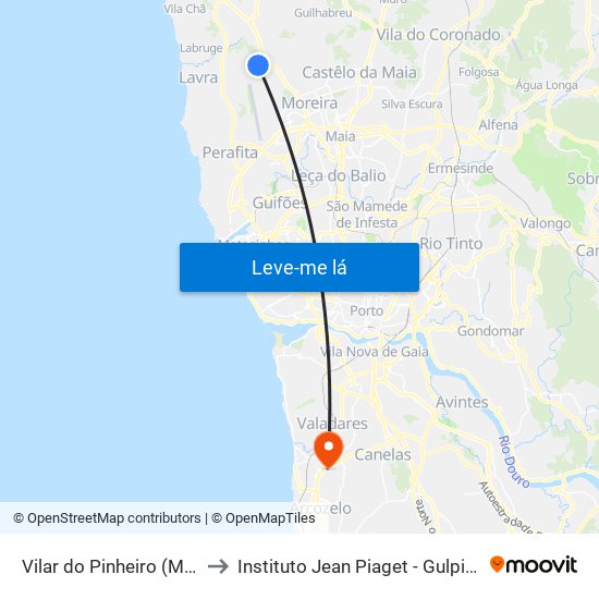 Vilar do Pinheiro (Metro) to Instituto Jean Piaget - Gulpilhares map