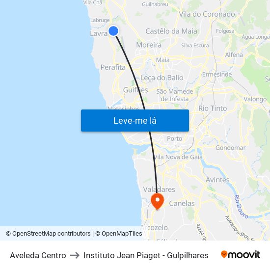 Aveleda Centro to Instituto Jean Piaget - Gulpilhares map